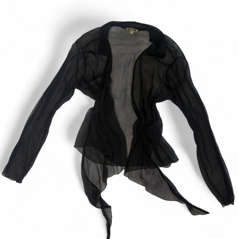 Vintage Biasa Black sheer long sleeve blouse with tie detail, size M